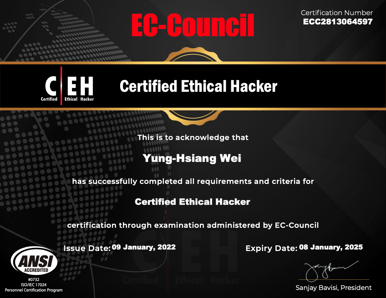 Yung-Hsiang Wei CEH 證照 ECC2813064597